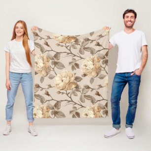 Romantic Cream Rose Beige Floral Pattern Fleece Blanket