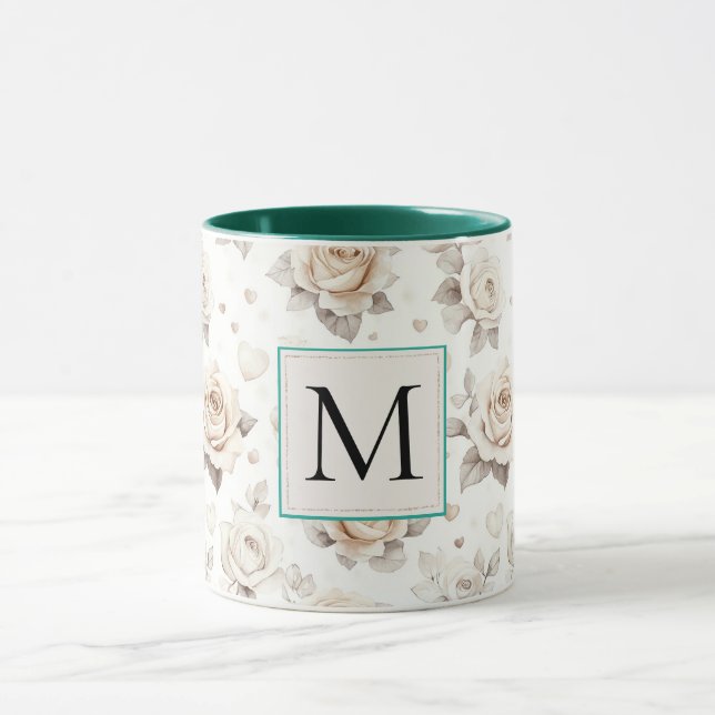 Romantic Cream Rose Floral Monogram Mug (Center)