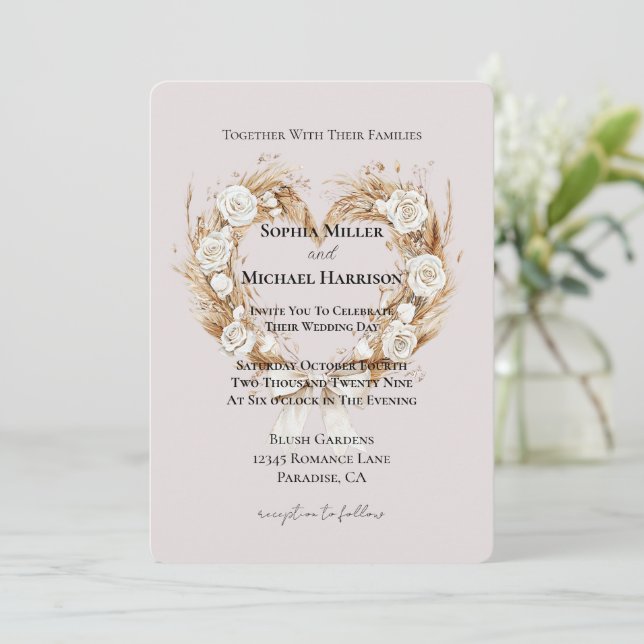 Romantic Cream White Floral Heart Wedding Invitation (Standing Front)