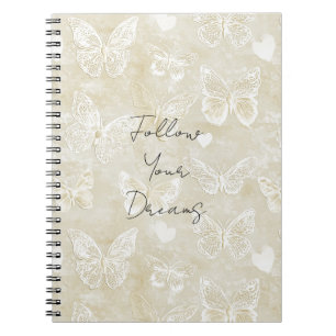 Romantic Cream White Hearts Butterflies Notebook