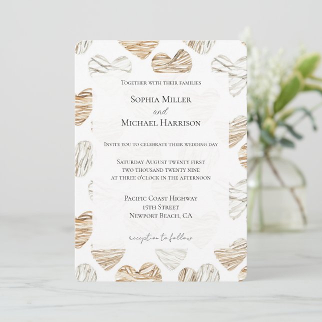Romantic Cream White Hearts Wedding Invitation (Standing Front)