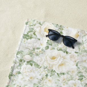 Romantic Cream White Roses Floral  Beach Towel