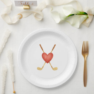 Romantic Crossed Golf Clubs behind a Heart Wedding Paper Plate
