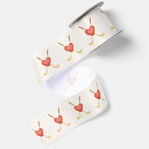 Romantic Crossed Golf Clubs behind a Heart Wedding Satin Ribbon