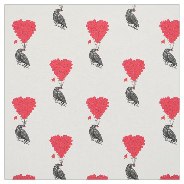 Romantic crow and red love heart fabric (Swatch)