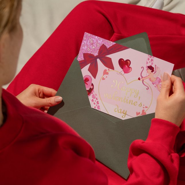 Romantic Cupid Love with Foil Heart and Red Ribbon Foil Holiday Card (Creator Uploaded)