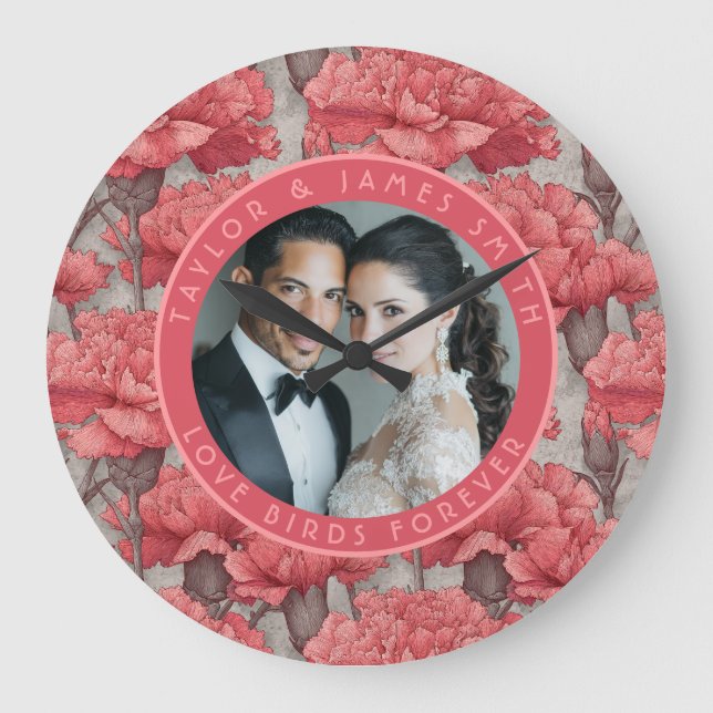 Romantic Custom Carnation Petal Fall Wedding Large Clock (Front)