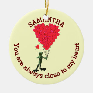 Romantic cute frog and red heart personalised ceramic ornament