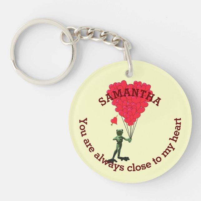 Romantic cute frog and red heart personalised key ring (Front)
