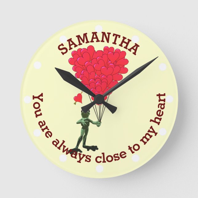 Romantic cute frog and red heart personalised round clock (Front)