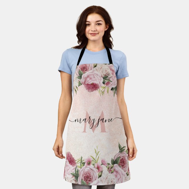 Romantic cute girly Pink Glitter Monogram floral Apron (Worn)