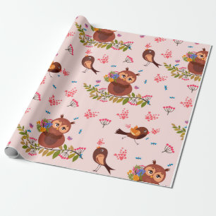 romantic cute pattern owl & bird wrapping paper