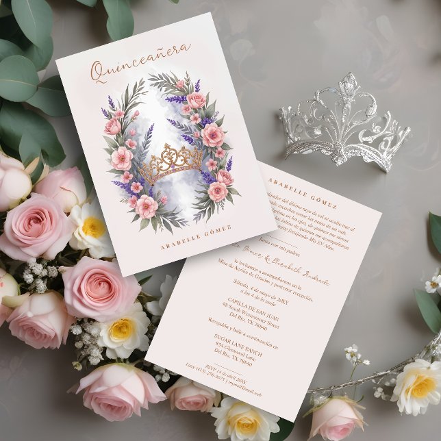 Romantic Cute Quinceañera Princess Tiara in Bloom Invitation (Romantic Cute Quinceañera Princess Tiara in Bloom Garland Invitation Card. )