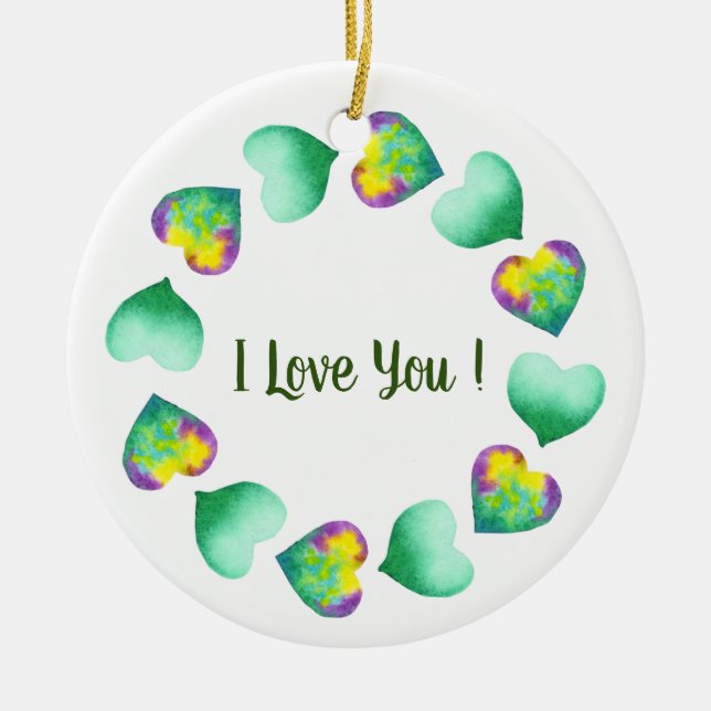 Romantic Cute Watercolor Green Valentine's Day   Ceramic Ornament (Front)