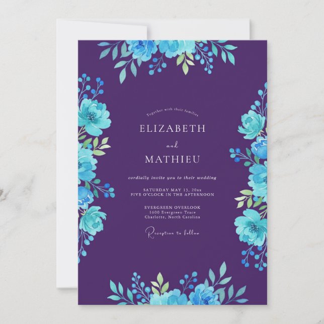 Romantic Cyan Plum Painted Wedding Invitation (Front)