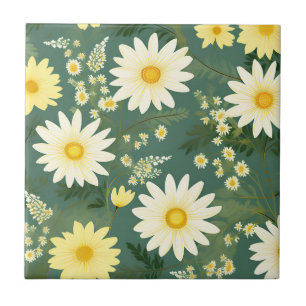 Romantic Daisies On Green Ceramic Tile