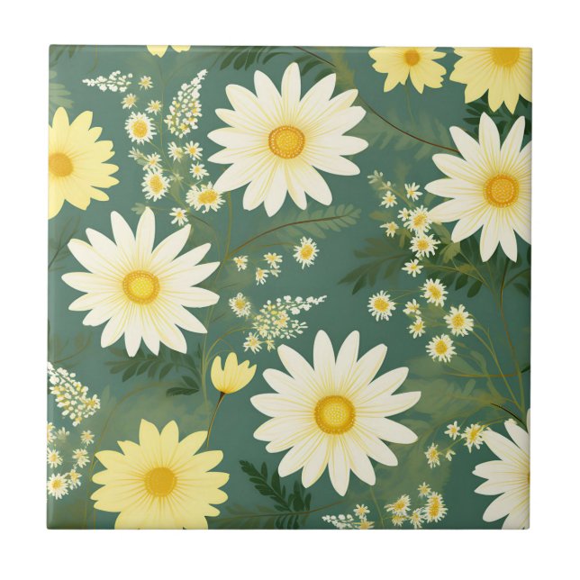 Romantic Daisies On Green Ceramic Tile (Front)