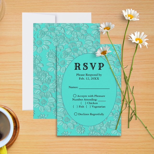 Romantic Daisies Turquoise Wedding RSVP Menu Card (Romantic Daisies Turquoise Wedding RSVP Menu Card)