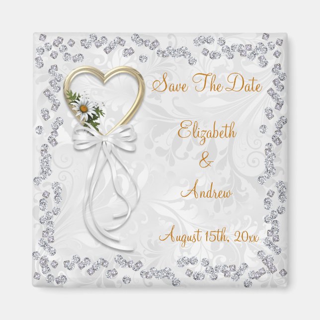 Romantic Daisy, Diamonds & Ribbon Save The Date Magnet (Front)