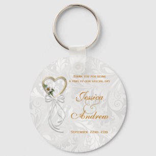 Romantic Daisy, Gold Heart & White Ribbon Key Ring