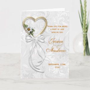 Romantic Daisy, Gold Heart & White Ribbon Thank You Card