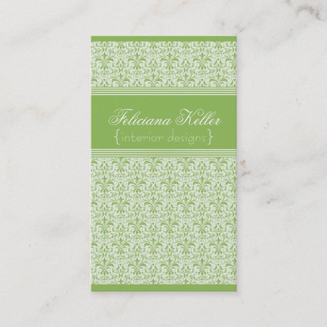 Romantic Damask Business Card, Light Green Card (Front)