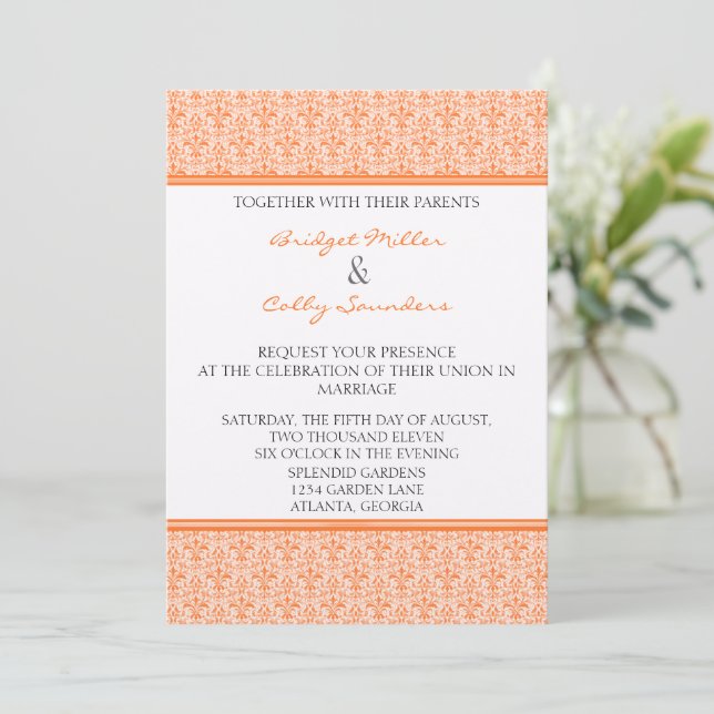 Romantic Damask Wedding Invite, Tangerine Invitation (Standing Front)