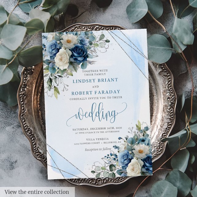 Romantic Dark Blue Silver Roses Wedding Invitation (Romantic Dark Blue Silver Roses Wedding Invitation)