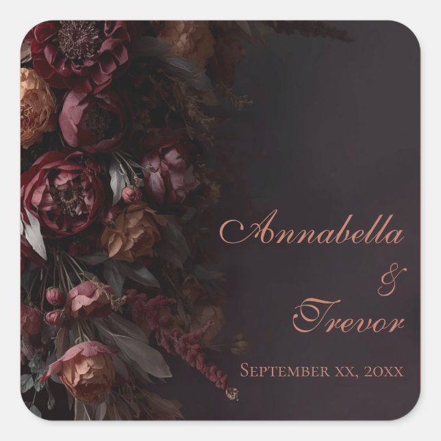 Romantic Dark Fall Floral Burgundy Custom Name Square Sticker (Front)
