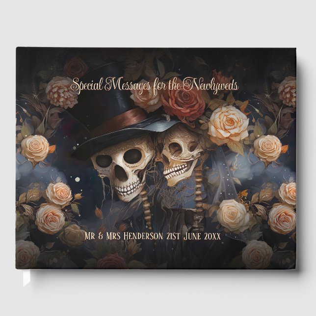 Romantic Dark Floral Kissing Skulls Gothic Wedding Guest Book (Front)
