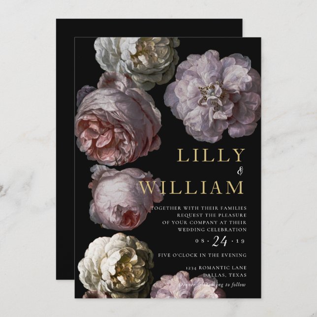 Romantic Dark Floral Moody Pink Black Wedding Invitation (Front/Back)