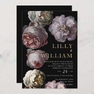 Romantic Dark Floral Moody Pink Black Wedding Invitation