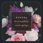 Romantic Dark Florals Square Sticker<br><div class="desc">Coordinates with the Romantic Dark Florals Business Card Template by 1201AM. A rich, dark watercolor illustration of romantic roses, peonies and tulips brings a dramatic style to this personalised sticker. Your name or business name is elegantly displayed in a faux gold text treatment in the centre. Illustration and design by...</div>