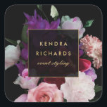 Romantic Dark Florals Square Sticker<br><div class="desc">Coordinates with the Romantic Dark Florals Business Card Template by 1201AM. A rich, dark watercolor illustration of romantic roses, peonies and tulips brings a dramatic style to this personalised sticker. Your name or business name is elegantly displayed in a faux gold text treatment in the centre. Illustration and design by...</div>