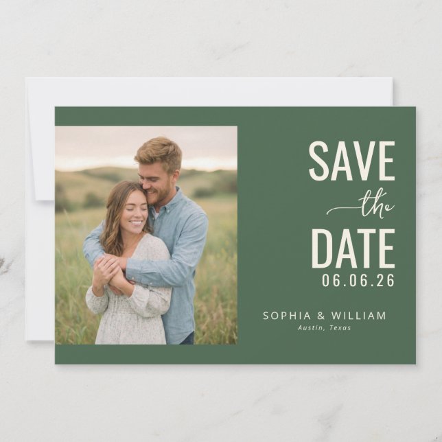 Romantic Dark Green Minimalist Photo Save The Date (Front)