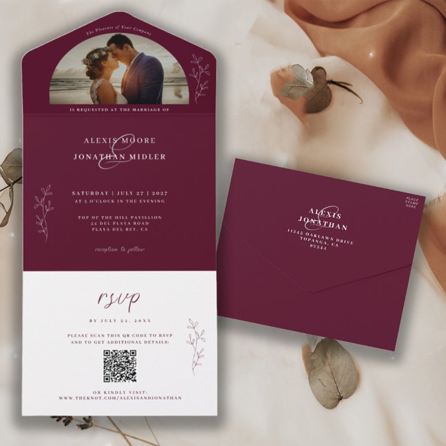 Romantic Dark & Moody Burgundy Wedding Photo  All In One Invitation (Creator Uploaded)