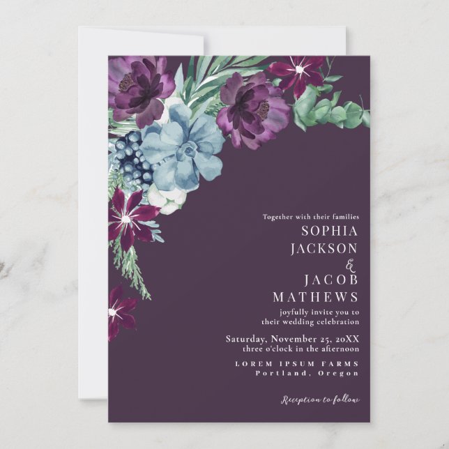Romantic Dark Moody Purple Floral Wedding Invitation (Front)