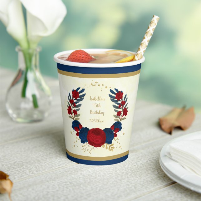 Romantic dark red & navy blue flowers gold paper cups (Insitu)
