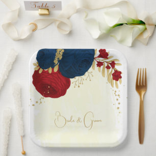 Romantic dark red & navy blue flowers gold paper plate