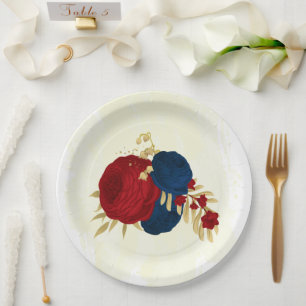 Romantic dark red & navy blue flowers gold  paper plate