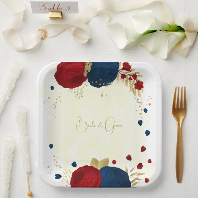 Romantic dark red & navy blue flowers gold paper plate (Wedding)