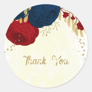 Romantic dark red & navy blue flowers gold wedding classic round sticker