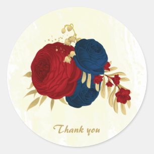 Romantic dark red & navy blue flowers gold wedding classic round sticker