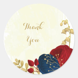 Romantic dark red & navy blue flowers gold wedding classic round sticker