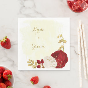 Romantic dark red & white flowers gold napkin