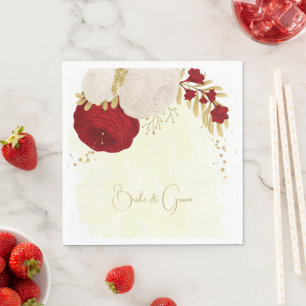 Romantic dark red & white flowers gold napkins