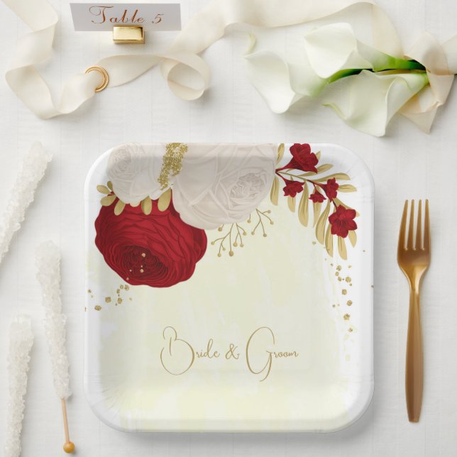 Romantic dark red & white flowers gold paper plate (Wedding)