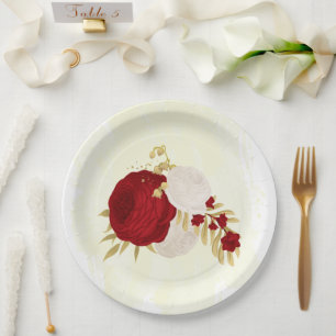 Romantic dark red & white flowers gold paper plate