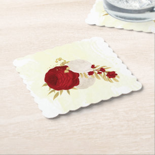 Romantic dark red & white flowers gold wedding paper coaster