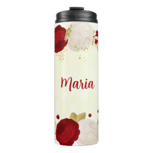 Romantic dark red & white flowers  thermal tumbler